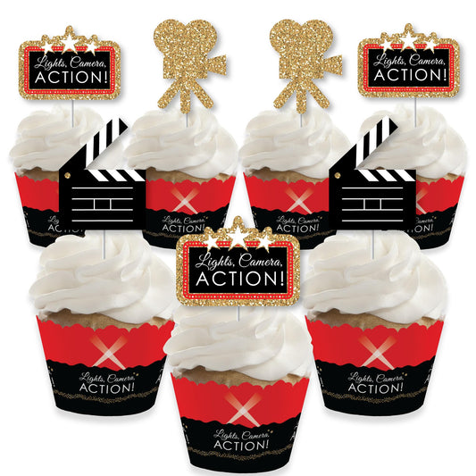 Big Dot of Happiness Red Carpet - Cupcake Decoration - Movie Night Party Cupcake Wrappers and Treat Picks Kit - Set of 24