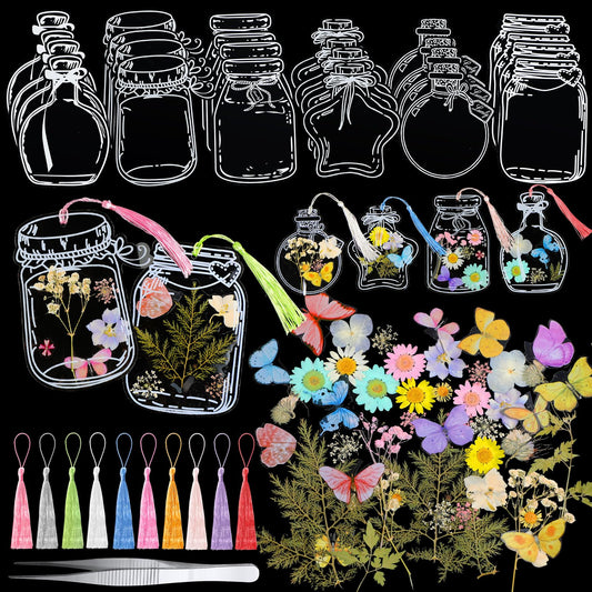 TaoBary 152 Pcs DIY Transparent Dried Flower Bookmark Set Handmade DIY Bookmarks with Dried Pressed Flowers Leaves Butterfly Stickers Colorful Tassels and Tweezers for Reader Writer(Macaron Color)