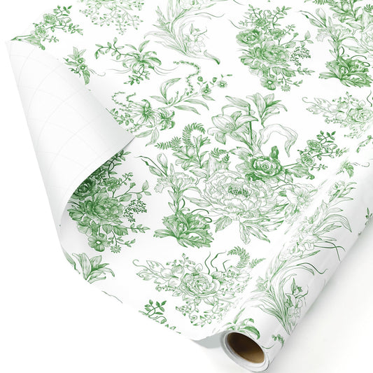 WERNNSAI Green Wrapping Paper Roll - 1 Roll 17”x 33 ft Vintage Floral Wrapping Paper Green Flower Bouquet Gift Wrap for Girls Women Birthday Bridal Shower Wedding Supplies