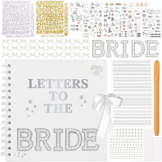 Draupnir 8 x 8 Inch Letters To The Bride Scrapbook Wedding Memory Book with Pearl Lace Wedding Metallic Letters Stickers Bows Pen Bridal DIY Blank Paper Scrapbook Photo Album Guest Book Sign