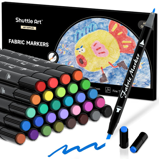 Shuttle Art Fabric Markers Pens, 30 Colors Dual Tip Fabric Marker Permanent No Bleed Markers for T-Shirts Sneakers, Non-Toxic & Child Safe Shirt Pens for Adult Painting Writing