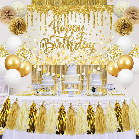 Gold Birthday Party Decorations Set for Women Girls - Happy Birthday Banner, Backdrop, White Balloons, Tassel Curtains, Dot Tablecloth - Party Supplies