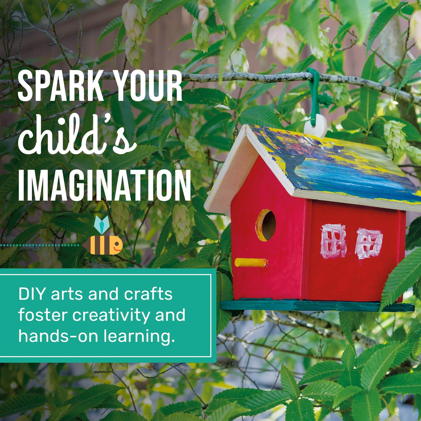 Beetle & Bee Build A Bird Bungalow - DIY Kid Art Craft Outdoor Birdhouse Kit, House Painting Kit for Kids, Hardware Glue Included- 4 Paints, 1 Brush, 7 Wooden Pcs, Chain For Tree Hanging Age 5+