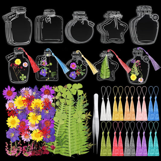 TaoBary 161 Pcs DIY Transparent Dried Flower Bookmark Set Include Clear Bookmarks Dried Flowers Colorful Tassels and Tweezer Handmade Dried Floral Bookmark for Reader Book Bottle(Pretty)