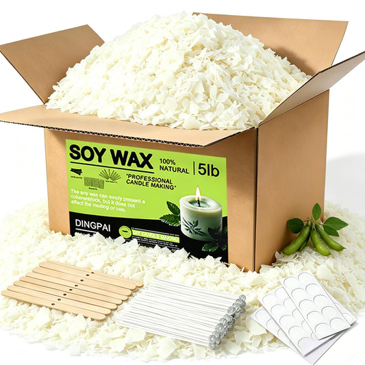 DINGPAI Soy Wax for Candle Making, 5LB Organic Soy Candle Wax Flakes Natural Candle Making Supplies,50 Cotton Wicks,50 Wick Stickers,10 Wick Holders