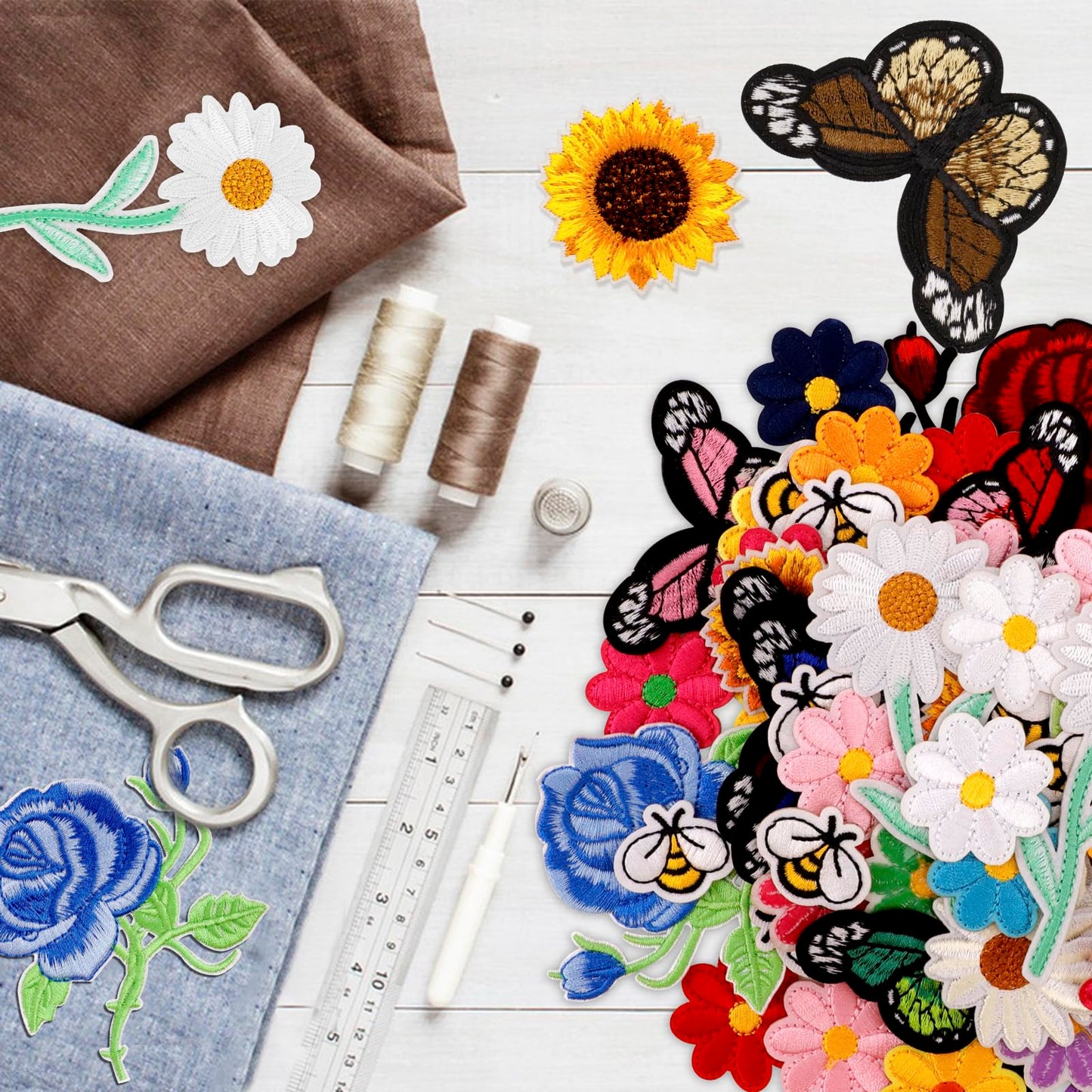 RETON 72 Pcs Embroidered Iron On Patches for Clothing, Butterfly Flower Iron On Patches Set, Bee Rose Daisy Embroidered Patches, Applique Patches for Clothes, Jackets, Jeans, Backpacks