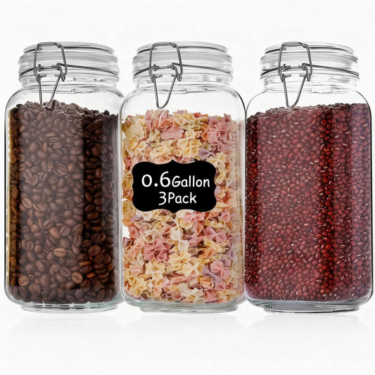Liuruiyu 78oz Glass Food Storage Jars with Airtight Clamp Lids, 3 Pack Wide Mouth Large Kitchen Canisters for Flour, Cereal, Beans, Pasta and Canning, Square Mason Jar with Labels