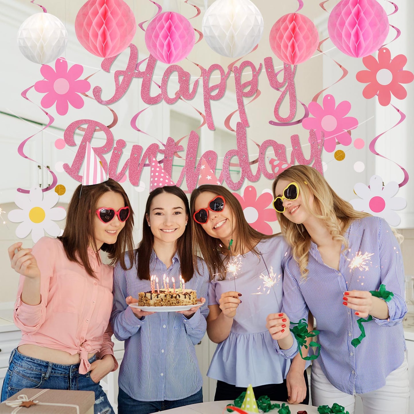 YEOCU Birthday Decorations, NO DIY, Pre-Strung Happy Birthday Banner with Honeycomb Balls, Hanging Swirls, Circle Dots Garland, Happy Birthday Party Decorations for Women Men Boys Girls (Pink)