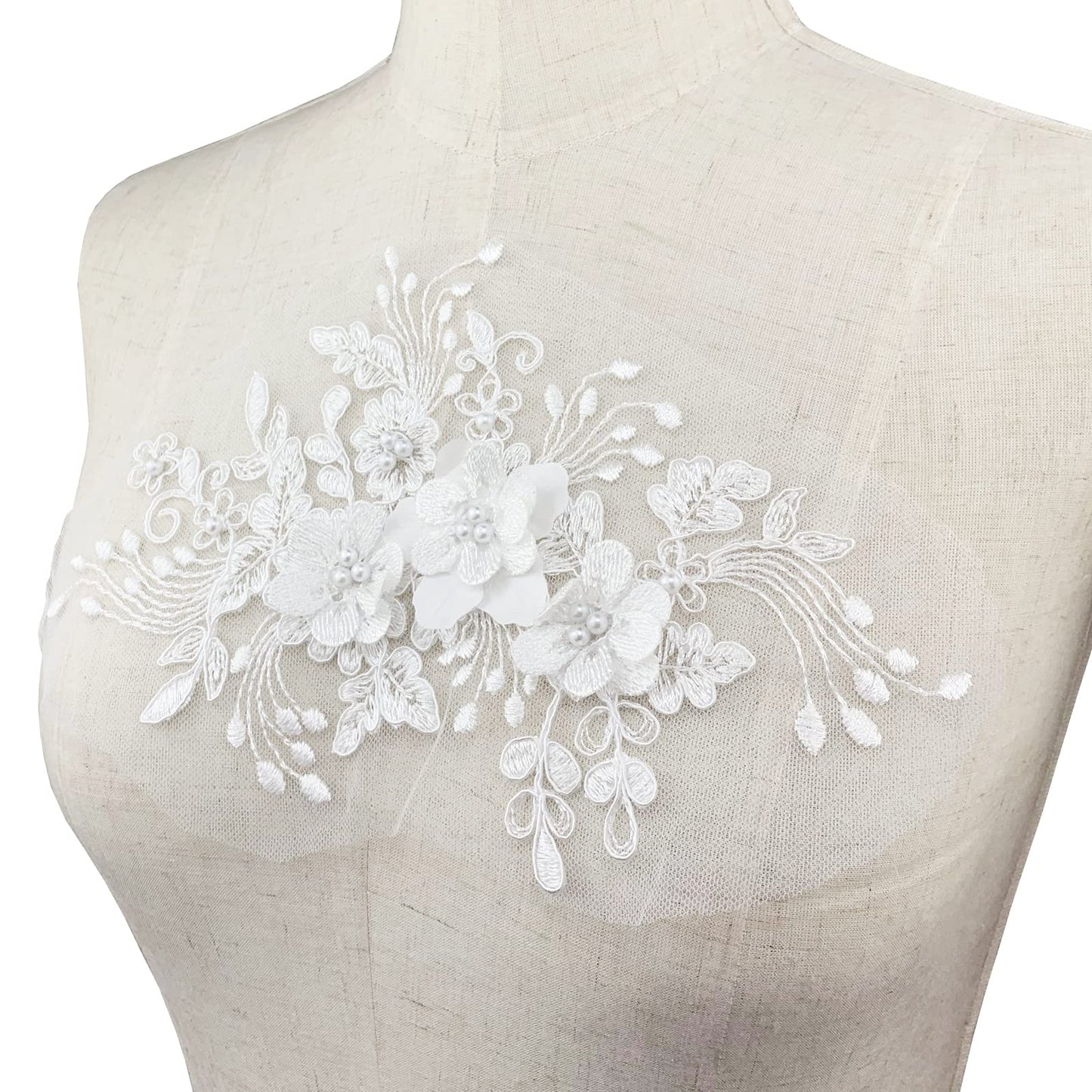 2Pcs Pearl Flower Embroidery Lace Patches 3D White Floral Embroidered Sew on Appliques for Wedding Dress Gown Headpiece Clothing Accessories Home Decoration Craft DIY