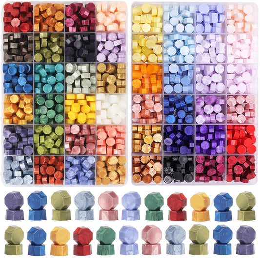 WASOHLING 1200 Pcs Metallic Assorted Color Wax Seal Beads - 48 Colors for Making Seals, Decor for Envelope Letter Wedding Invitation (48 Lattices Kit)