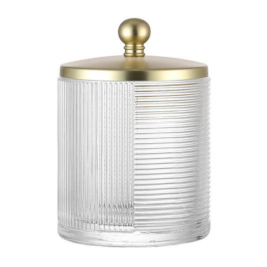 Indecor Home Clear Transparent Apothecary Ribbed Geometric Etched Glass Jar W/Gold Lid Cover for Bathroom Organization, Cotton Balls, Q Tips, and Small Accessories, Bathroom Storage