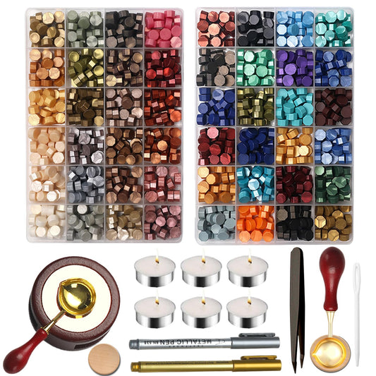 Wax Seal Beads Kit 48 Colors Metallic Gold & Deep Series 1200 Sealing Beads with Wax Seal Warmer, Spoon & Holder, Stirring for Wedding Invitation Letter Envelopes Wine Bottle Sealing Decor