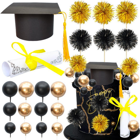 Gyufise 42Pcs 2026 Graduation Cake Kit Diploma Grad Cap Cake Pick Balloon Tassel Firework Cupcake Toppers Prom 2026 Cake Decorations for Class of 2026 Congrats Grad Party Supplies Black Gold