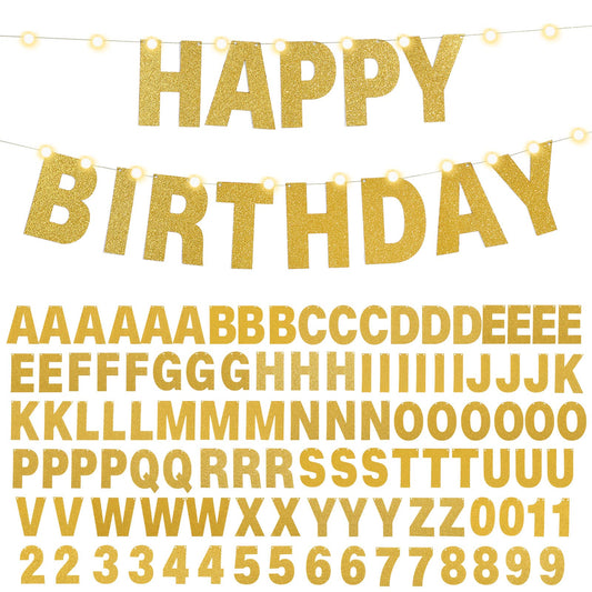 TaoBary 112 Pcs DIY Letter Kit Glitter Customizable Banner Letters Include 107 Letters and Numbers 3 Rope and 2 Needles for Birthday Halloween Christmas Wedding Valentine Party Decor(Gold)