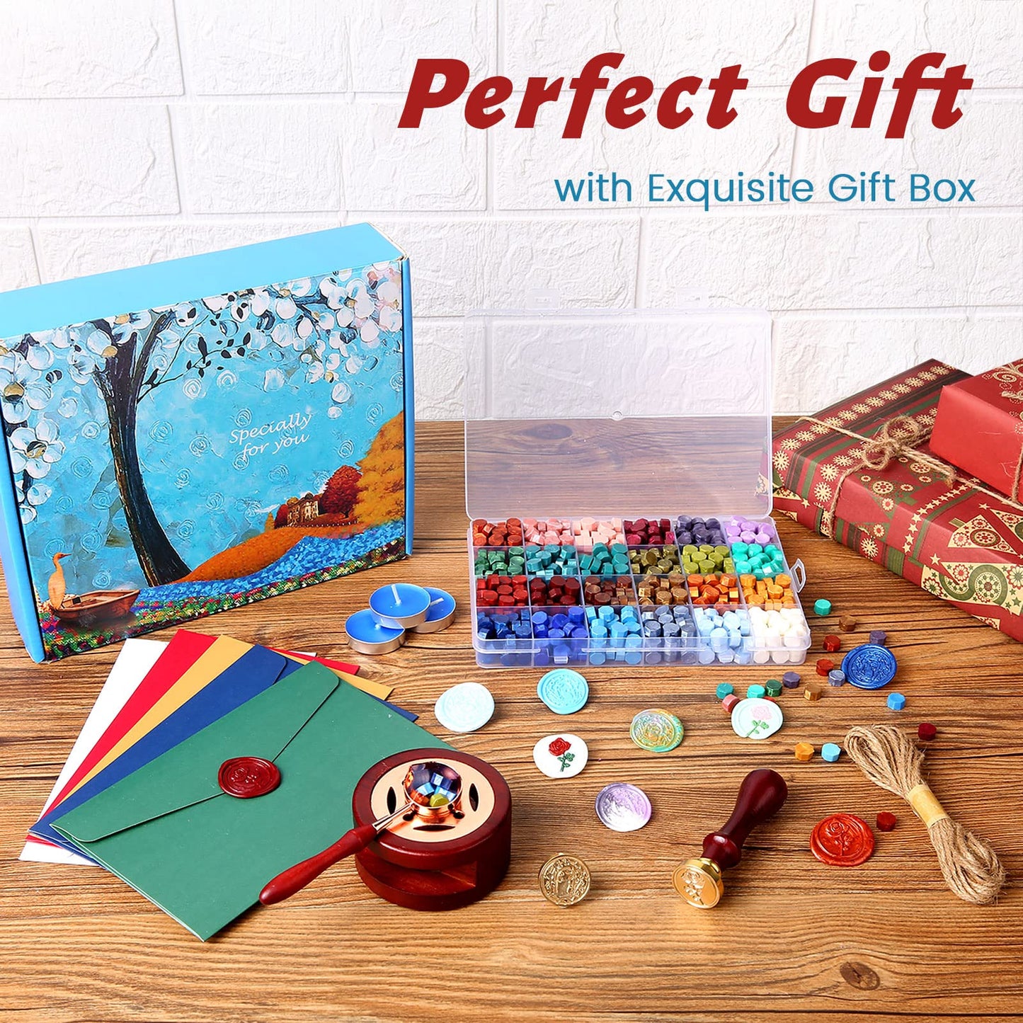 Comealltime Wax Seal Kit with Gift Box, 624 Pcs 24 Colors Sealing Beads, 2 Pcs Stamps, Sealing Wax Warmer, Metallic Pen, Envelope, Candles for Wedding Birthday Gift and DIY Craft, Sellado de Cera
