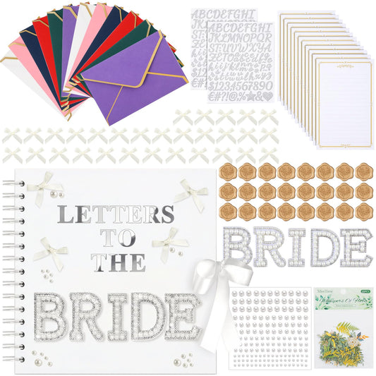 FunooFuno 8 x 8 Inch DIY Letters to the Bride Scrapbook Wedding Memory Book Bridal Blank Paper Scrapbook with Pearl Letter Stickers Bows Wax Seal Stickers Envelope for Wedding Bridal Shower Gifts