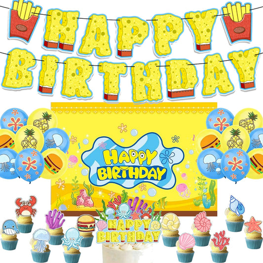 Sponge Happy Birthday Party Decorations Set, Banner, Balloons, Cake Toppers, Kids Party Favors, Complete Party Kit for Boys and Girls, Colorful Celebration Accessories (marine life)