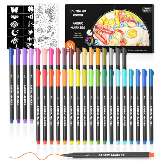 Shuttle Art 36 Colors Fabric Markers, Permanent Markers for T-Shirts Clothes Sneakers Jeans with 11 Stencils 1 Fabric Sheet, Permanent Shirt Pens for Adult DIY Painting Writing