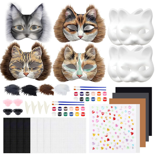 Vivrerizo Cat Therian Mask Kit - 4 Pcs Animal Mask Base with Tooth Nose and Sticker Painted DIY for Furry Masquerade Cosplay Props Costume Party Halloween Therian Accessories