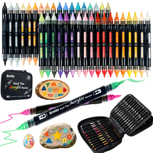 Smilo 36 Colors Dual Tip Acrylic Paint Markers for Fabric, Automatic Ink Control Brush & Bullet Tip Pens, Waterproof Permanent Art Supplies for Rock, Wood, Canvas, Glass, DIY