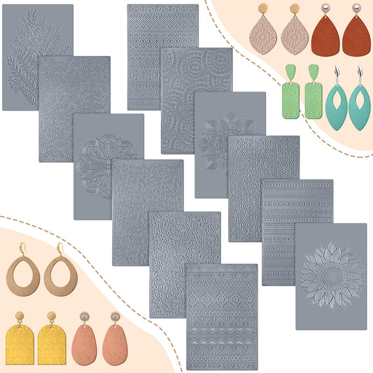 DoubleFill 12 Pcs Polymer Clay Texture Sheets Mat Works with Polymer Clay Cutter Embossin Roller DIY Tools for Pottery Earrings Jewelry Making DIY Craft Supply