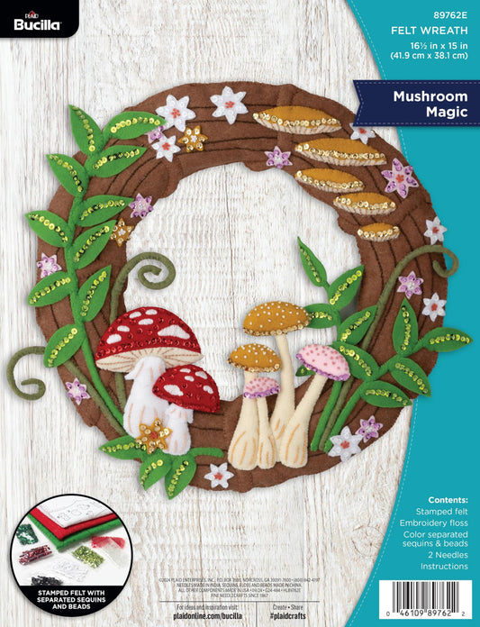 Bucilla Felt Applique Wreath Making Kit, Mushroom Magic, Perfect for DIY Arts and Crafts