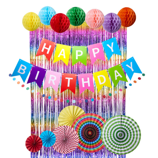Rainbow Birthday Party Decorations Kit, 16 PCS Colorful Happy Birthday Banner with Foil Fringe Curtain, Paper Fans, Honeycomb Balls and Circle Dots Garland, Photo Backdrop Birthday Party Decor Baby Shower for Girls Boys Women