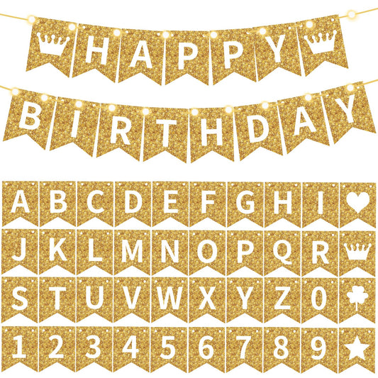 TaoBary 135 Pcs DIY Banner Custom Letters Kit Make Your Own Banner for Birthday Graduation Party Decor Include 107 Letters and Numbers, 16 Symbols, 2 String Lights, 5 Needles, 5 Rope (Gold)