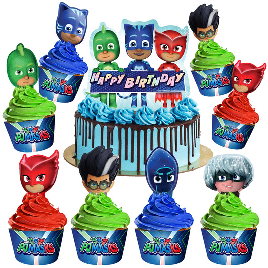Treasures Gifted Officially Licensed PJ Masks Party Decorations - Cake Topper Set - PJ Masks Birthday Party Supplies - (1) Cake Topper & (24) Cupcake Toppers & Wrappers