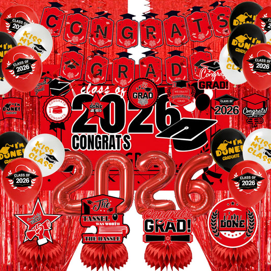 Graduation Party Decorations 2026–Black Red Grad Banner, Class of Backdrop, Balloons, Fringe Curtains and Foil Balloon, Streamers Kit–Complete Graduation for High School & College Celebrations (Red)